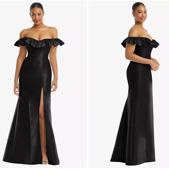 ALFRED SUNG Dresses & Skirts - Alfred Sung Off-the-Shoulder Ruffle‎ Neck Satin Trumpet Gown Black Sz 10